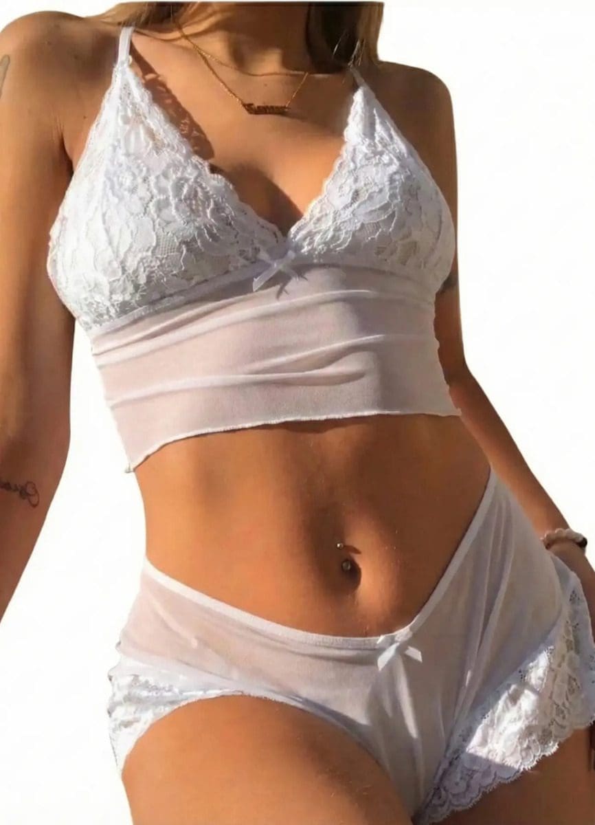 Conjunto Lenceria Sexy Encaje Short Bralette Tanga Microtul - Image 5