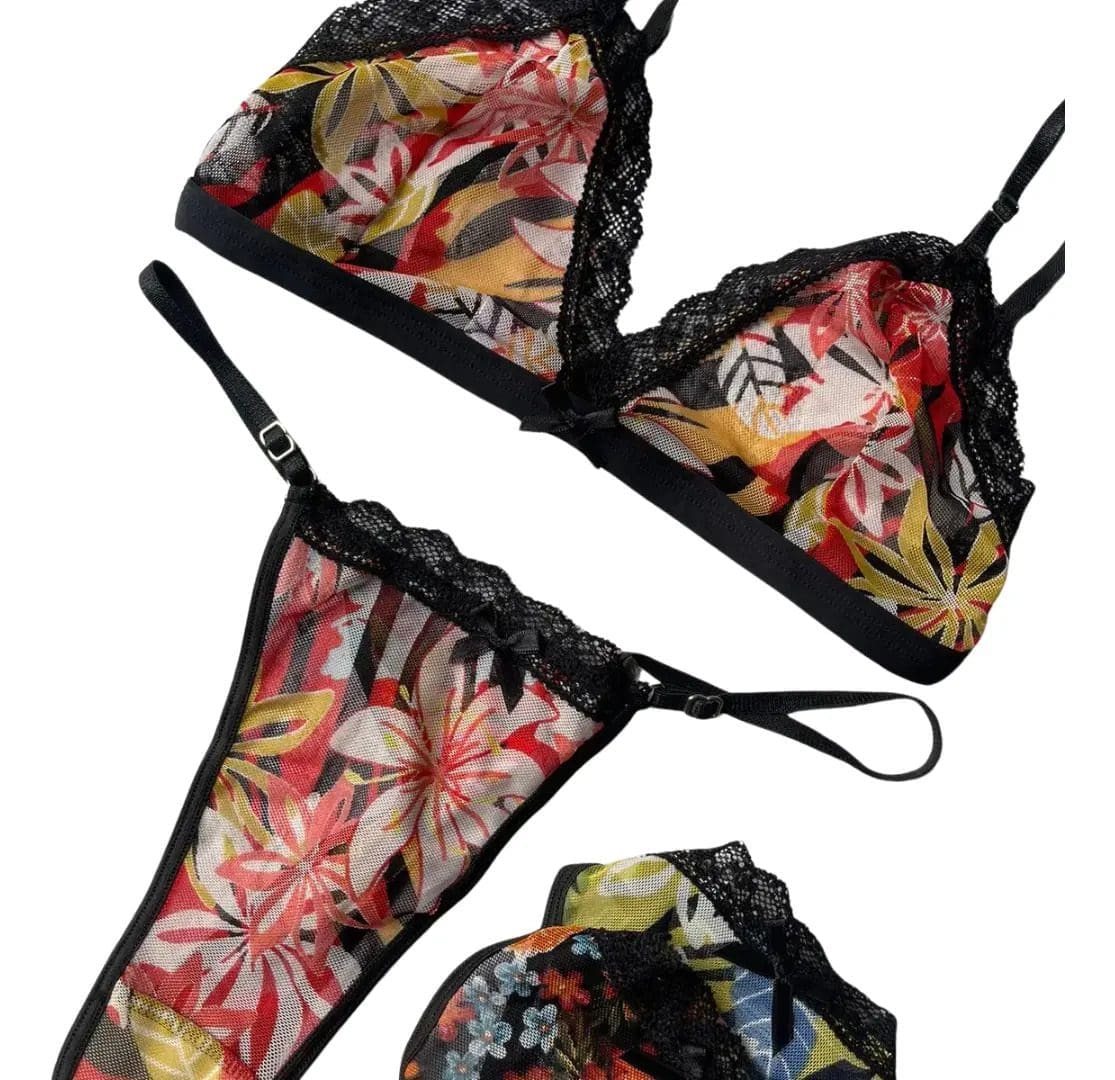 Conjunto Lenceria Encaje Floreado Microtul Corpiño Tanga - Image 3