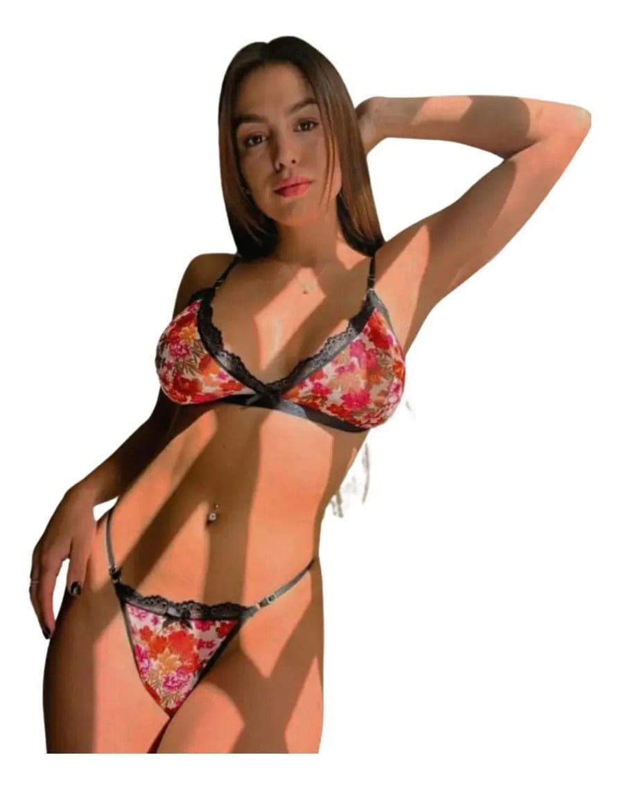 Conjunto Lenceria Encaje Floreado Microtul Corpiño Tanga