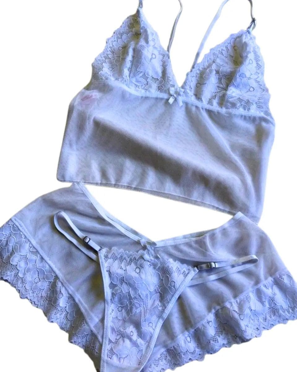 Conjunto Lenceria Sexy Encaje Short Bralette Tanga Microtul - Image 6