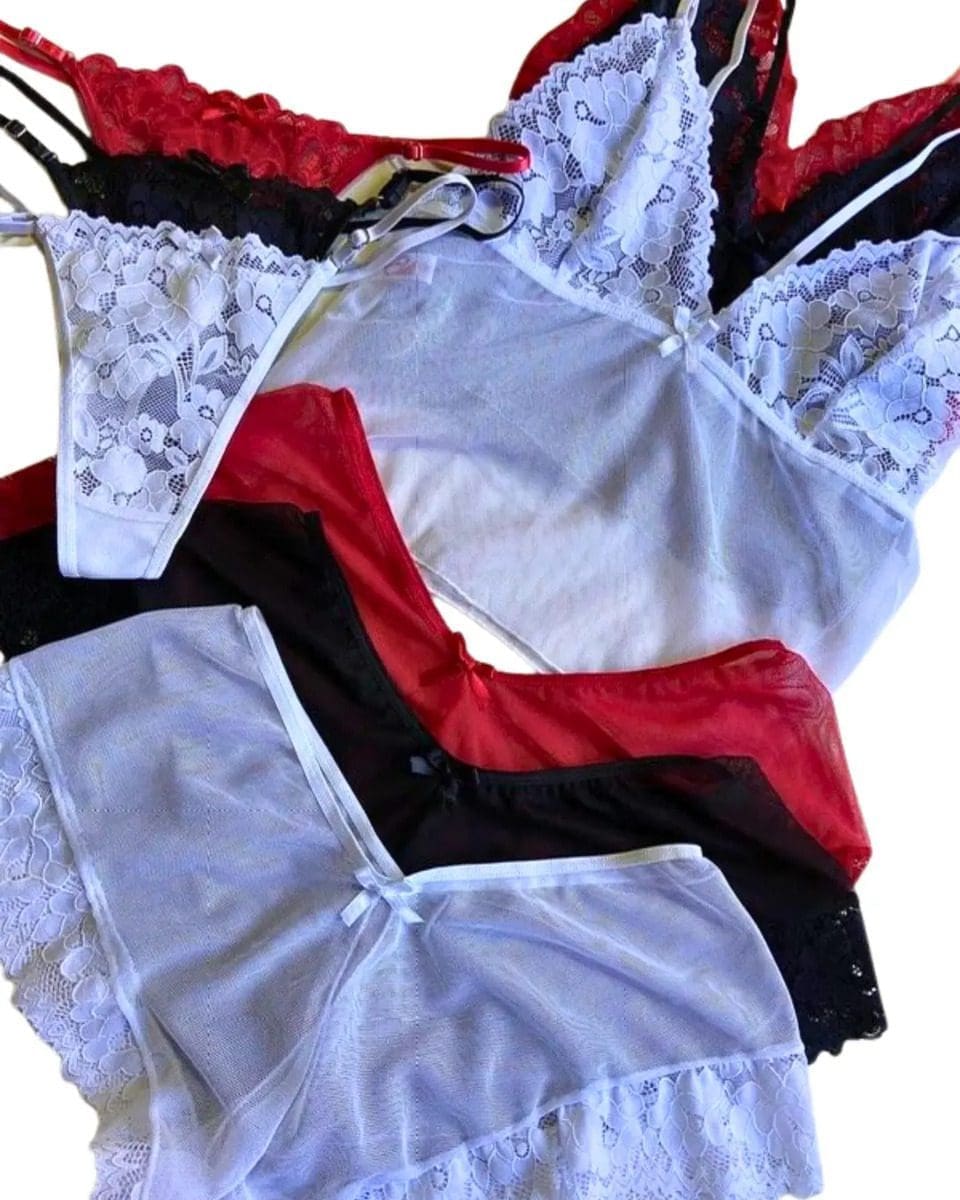 Conjunto Lenceria Sexy Encaje Short Bralette Tanga Microtul - Image 7
