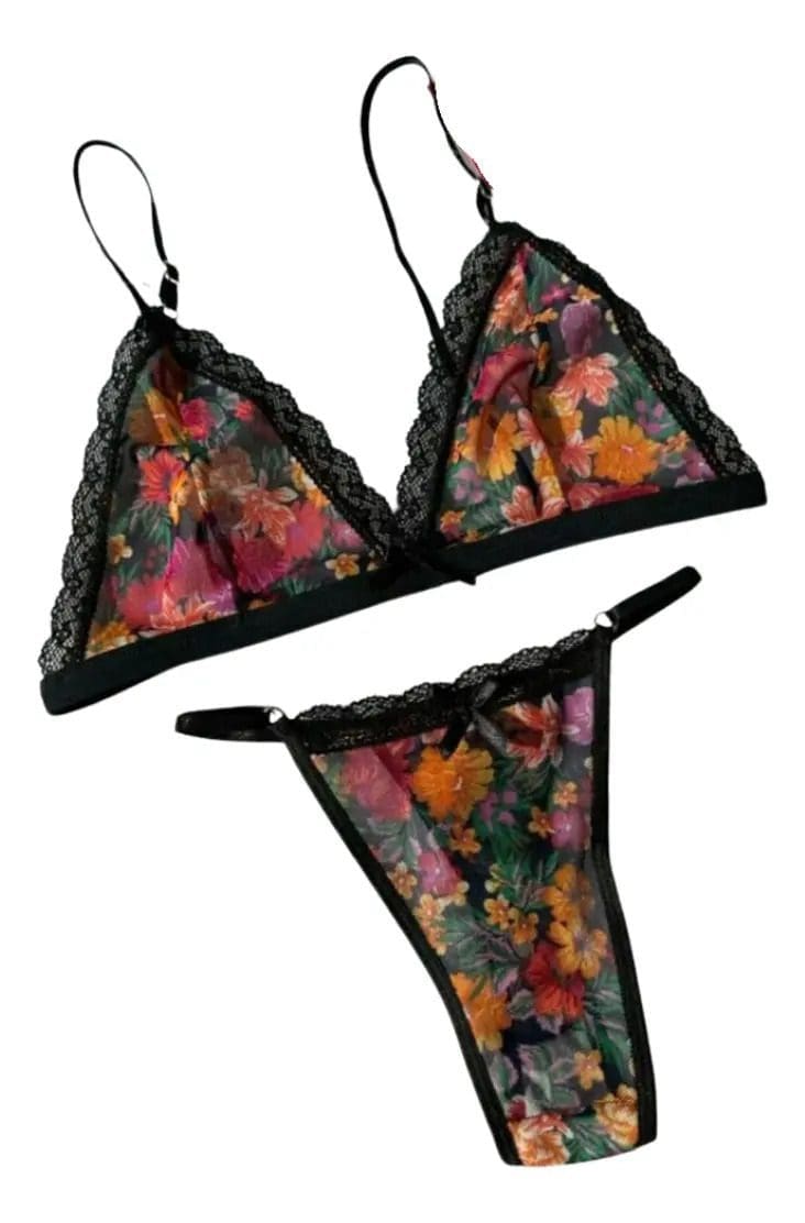 Conjunto Lenceria Encaje Floreado Microtul Corpiño Tanga - Image 5