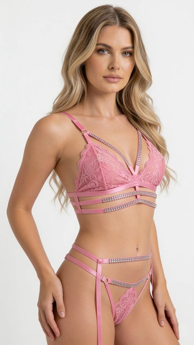Conjunto Lenceria 3 Piezas Encaje Con Strass Tanga Arnes - Image 3