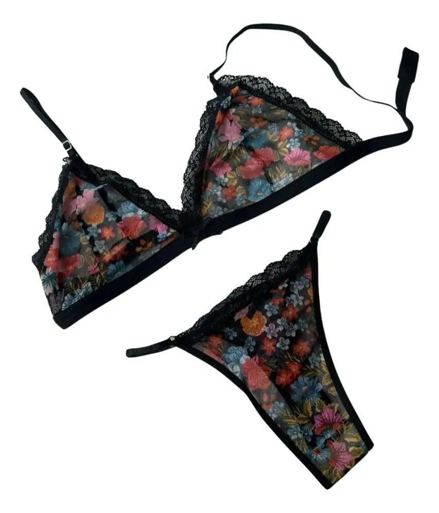 Conjunto Lenceria Encaje Floreado Microtul Corpiño Tanga - Image 4